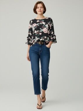 DR2 Blue Sheer Ruffle Sleeve Blouse Bohemian Dark Floral Flowy Size Small